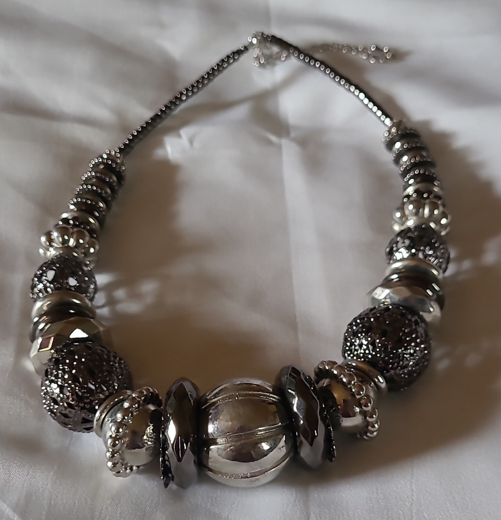 Silver Tone & Black Beaded Statement Necklace Adjustable Lobster Clasp